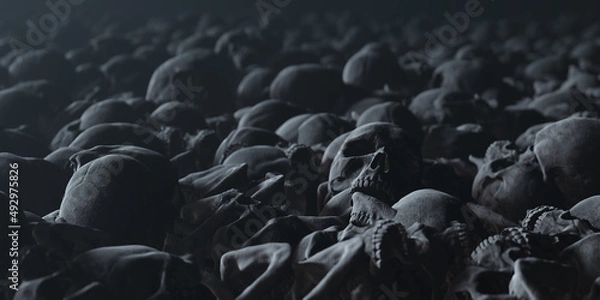 Fototapeta War concept, Bunch of Bones Human Skulls scattering and  covering dusty ground, death and extinction conceptual background