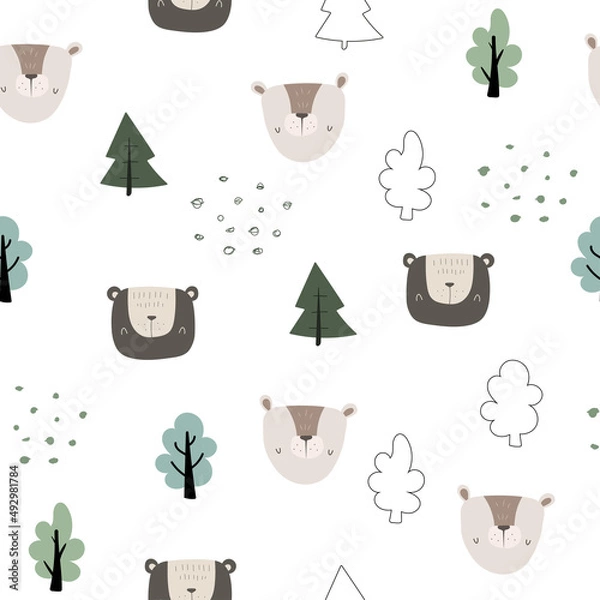 Fototapeta Seamless pattern with cute bear,  pines, outline trees and abstract spots in Scandinavian style. Vector funny background for children, nursery decoration, fabric and much more.