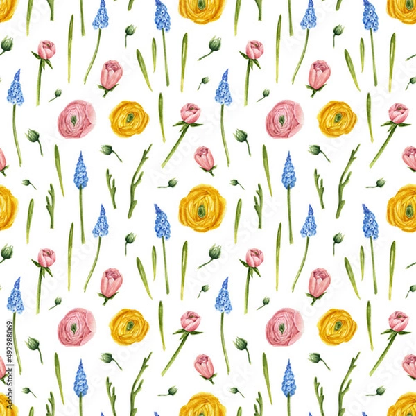 Obraz Spring flowers watercolor pattern