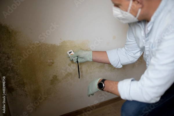 Obraz Man with nose mouth protection measures the moisture level on a wall with mold in an apartment