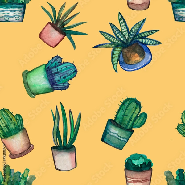 Obraz Seamless pattern on a yellow background. Flowers in pots succulents and cacti, packaging.