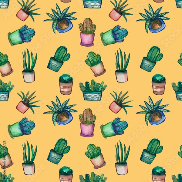 Fototapeta Seamless pattern on a yellow background. Flowers in pots succulents and cacti, packaging.