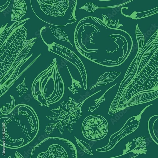 Fototapeta Deep green seamless vector pattern for kitchen design