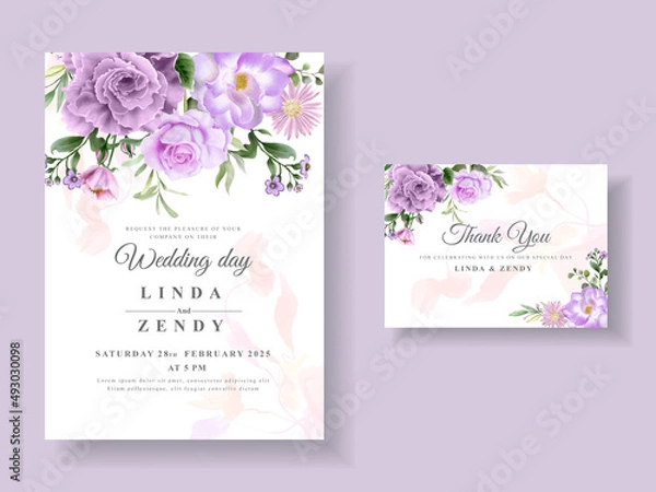 Obraz Beautiful purple flowers wedding invitation card template
