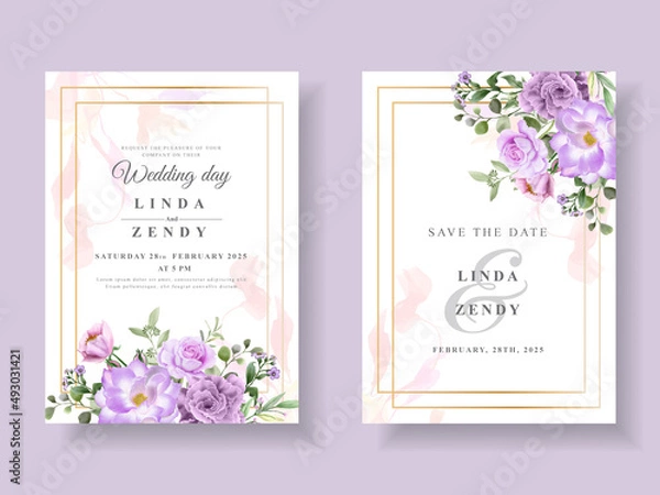 Obraz Beautiful purple flowers wedding invitation card template