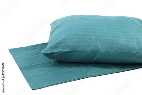 Obraz Corner of a soft pillow in a new colored cotton fiber pillowcase. Satin stripe material to protect and decorate the pillow. Bed linen for home and hotels