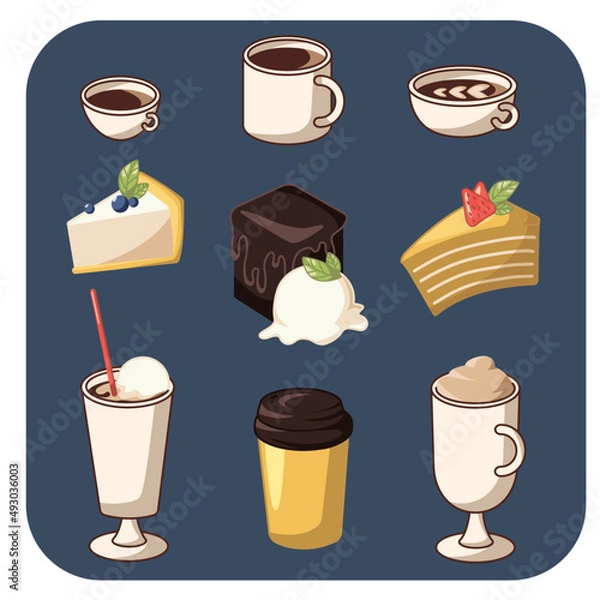 Fototapeta Colorful vector illustration.
Set of coffee and cakes.