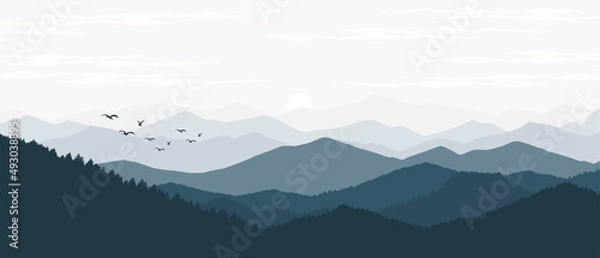 Fototapeta vector illustration of mountain landscape with fog and forest sunrise and sunset in the mountains