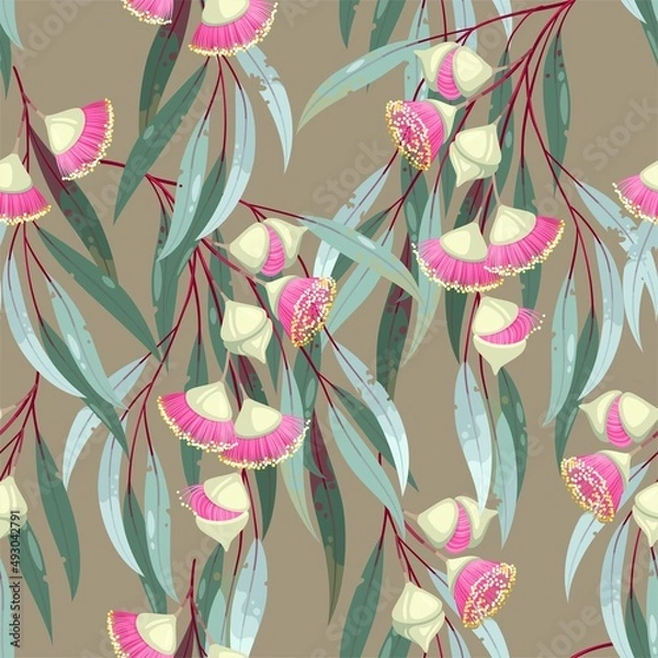 Fototapeta Seamless pattern with hand drawn eucalyptus flower