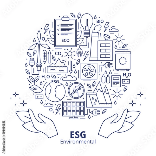 Fototapeta Set of ESG, ECO, BIO icons. ESG environmental criteria, icons arranged in a circle shape with a header at the bottom. Template. Vector illustration isolated on a white background.