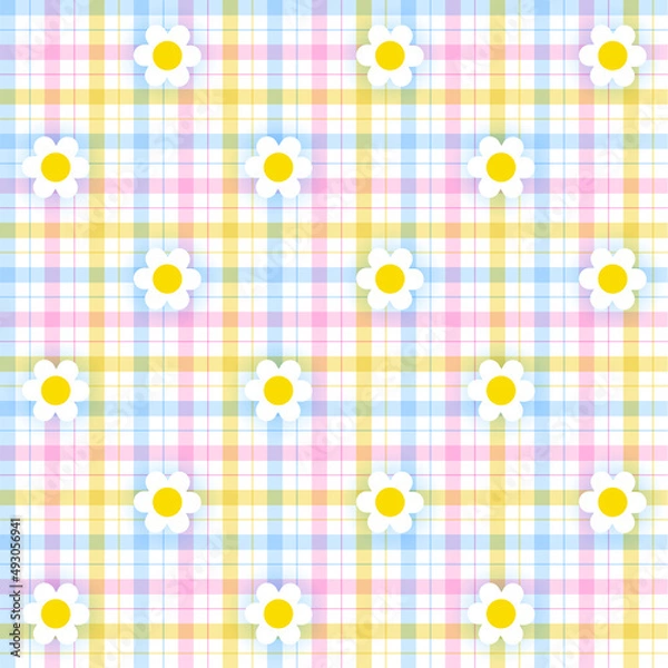 Fototapeta Rainbow Pastel Daisy Flower Pink Yellow Blue Plain Scott Plaid Tartan Checkered Gingham Pattern Illustration Tablecloth, Picnic mat wrap paper, Mat, Fabric, Textile, Scarf