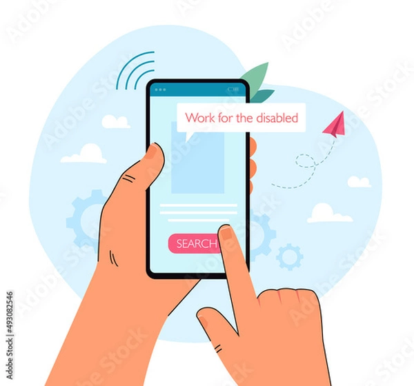 Fototapeta Hand of person with disability searching for work via phone. Smartphone screen with job search app flat vector illustration. Disability, accessibility, employment concept for banner, website design