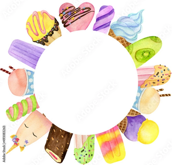 Fototapeta Round watercolor frame with ice cream