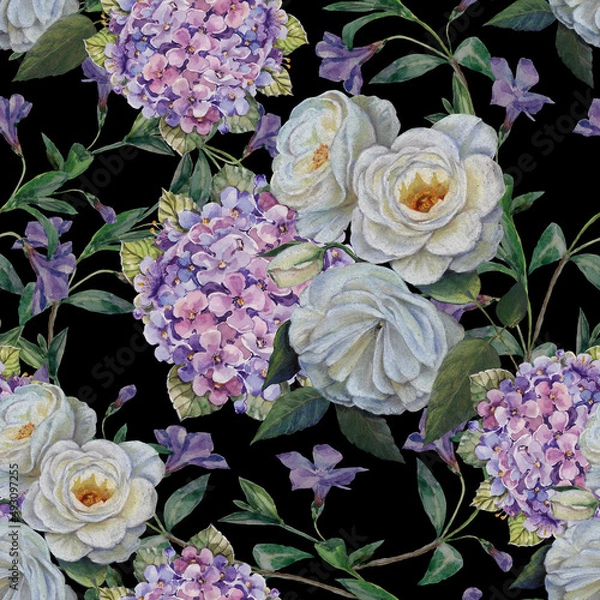 Fototapeta Watercolor  blooming flowers rose and hydrangea with foliage on black background. Seamless pattern  with floral composition for decorations textiles and papers.