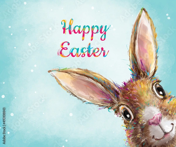 Fototapeta 
Banner, poster and card template with an Easter bunny. Colorful illustration of an Easter rabbit. Lovely graphics with a rabbit. Greetings and presents for Easter Day in art styling. 