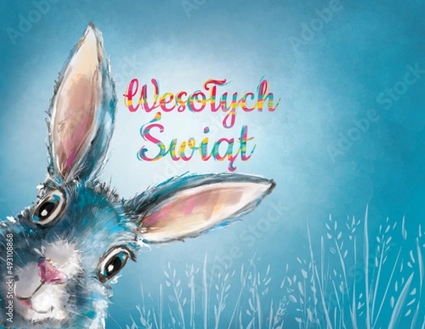 Fototapeta 
Banner, poster and card template with an Easter bunny. Colorful illustration of an Easter rabbit. Lovely graphics with a rabbit. Greetings and presents for Easter Day in art styling. 