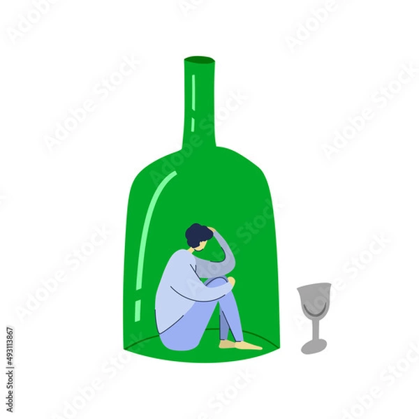 Obraz The girl suffers from alcoholism. A man is sitting in an alcohol bottle