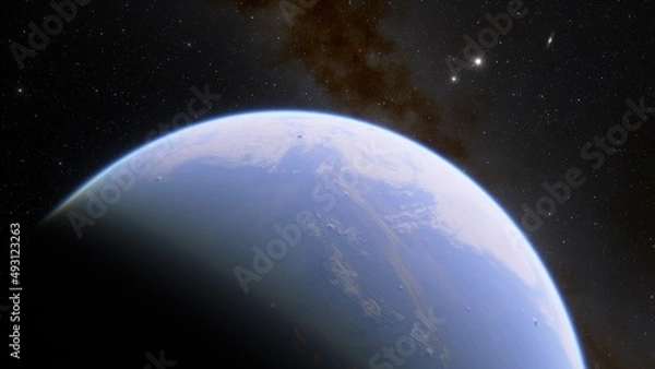Fototapeta planet suitable for colonization, earth-like planet in far space, planets background 3d render	
