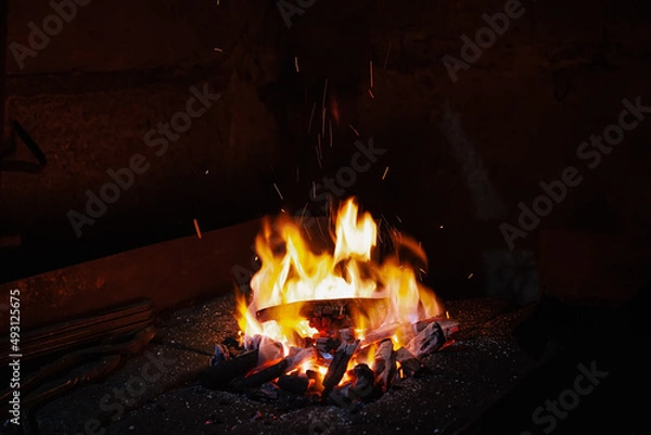 Fototapeta Beautiful color burning fire with tongues of flame and spark on a dark background