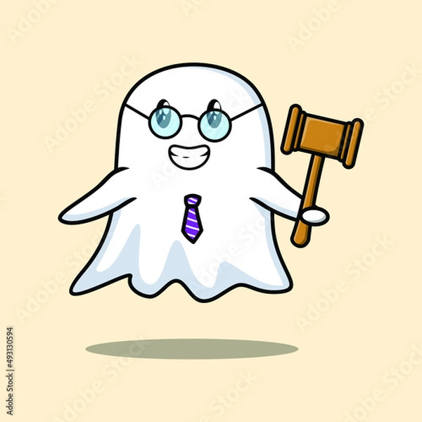 Fototapeta Cute cartoon character wise judge ghost wearing glasses and holding a hammer with cute modern style design