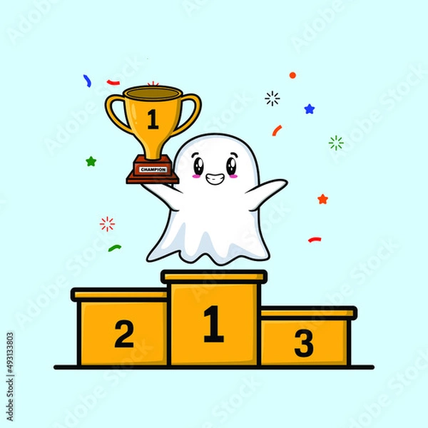 Fototapeta Cute cartoon ghost as the first winner with happy expression in 3d modern style design