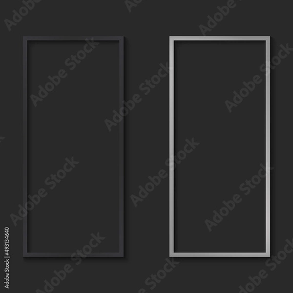 Fototapeta Black and White Modern Photo Frame Set. Realistic Empty Dark, White Border for Picture on Black Background. 3D Vertical Blank Poster. Simple Template of Board Design. Isolated Vector Illustration