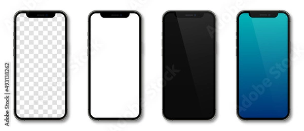 Fototapeta Realistic models smartphone with transparent screens. Smartphone mockup collection. Device front view. 3D mobile phone with shadow. Vector illustration