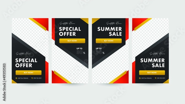 Fototapeta Social media stories template. Red and gold background color with stripe line shape. Suitable for social media post and web internet ads