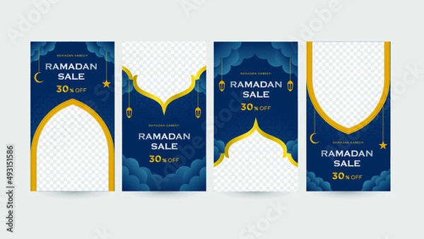 Fototapeta Social Media Stories Promotion for Ramadan Sale set with elegant Blue and gold gradient colors with empty space for image