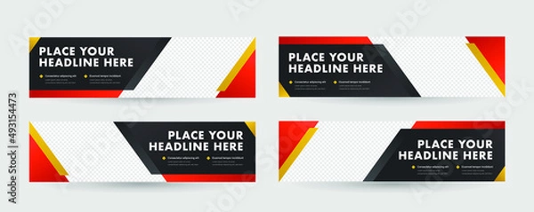 Obraz Strong and solid horizontal banner set template. Red and gold background color with stripe line shape. Suitable for social media post, web internet ads and printing advertisements