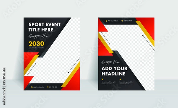 Fototapeta Strong and solid flyer set template. Red and gold background color with stripe line shape. Suitable for social media post, web internet ads and printing advertisements