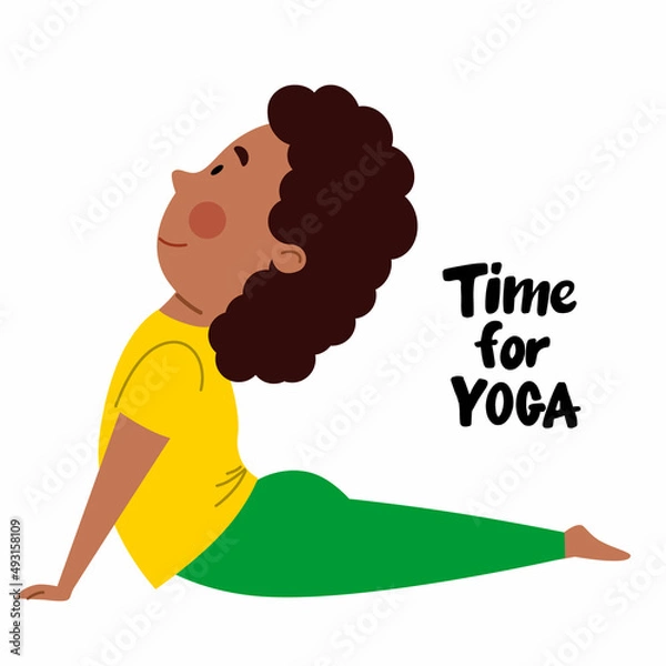Fototapeta An afro-american girl is lying in a snake pose. The child is engaged in sports. Yoga day. Vector illustration in a flat style on a white background