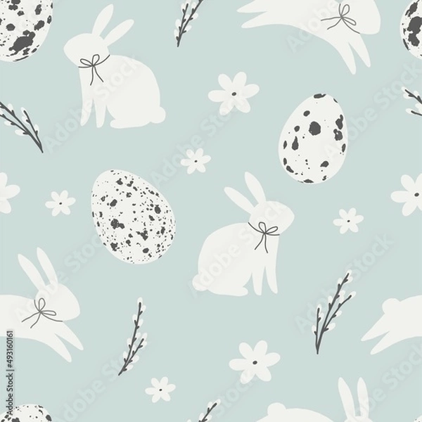 Fototapeta Happy Easter - vector print. Cute spring card with quail eggs, flowers, Willow twigs, bunny, leaf and design elements in flat style. Seamless pattern	
