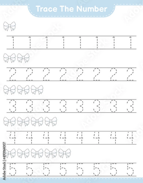 Fototapeta Trace the number. Tracing number with Ribbon. Educational children game, printable worksheet, vector illustration