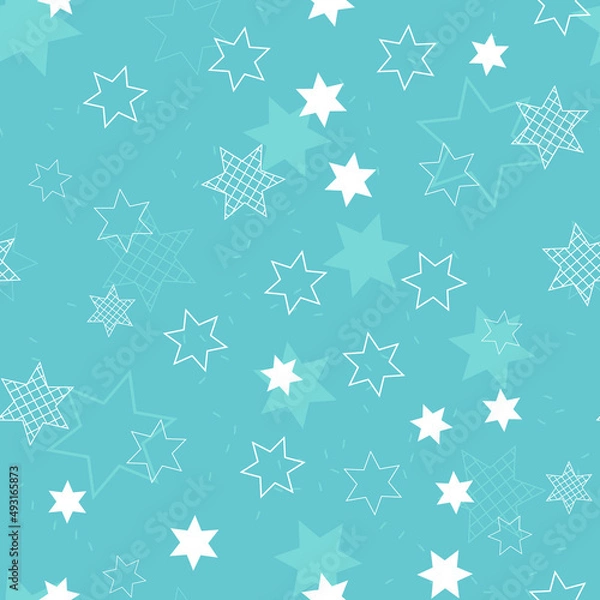Fototapeta Star pattern on green. Sky or galaxy. For children's design, textiles and fabrics, random, repeat, tile, wallpaper. Seamless pattern, white color star. Night glowing lanterns. Vector illustration