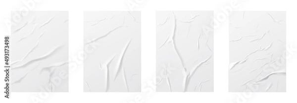 Fototapeta Wet paper set, crumpled wrinkled wrapper vector illustration. 3d realistic mockup paper sheets, glued poster blank with creases wrinkles, packet bag wrap canvas template collection isolated on white