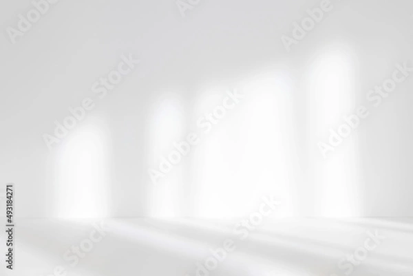 Fototapeta Abstract white studio background for product presentation. Empty room with shadows of window. Display product with blurred backdrop. Soft focus