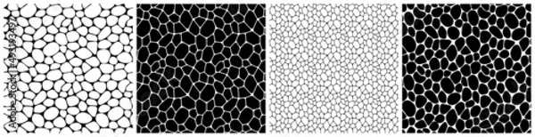 Fototapeta Black and white geometric seamless patterns vector set. Irregular shapes repeated backdrop for web tiles, science and interior designs. line polygonal cells template background collection.
