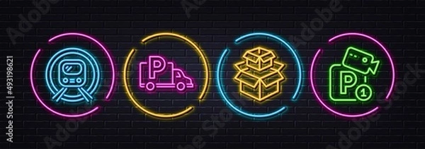 Fototapeta Packing boxes, Truck parking and Metro subway minimal line icons. Neon laser 3d lights. Parking security icons. For web, application, printing. Delivery box, Free park, Underground. Vector