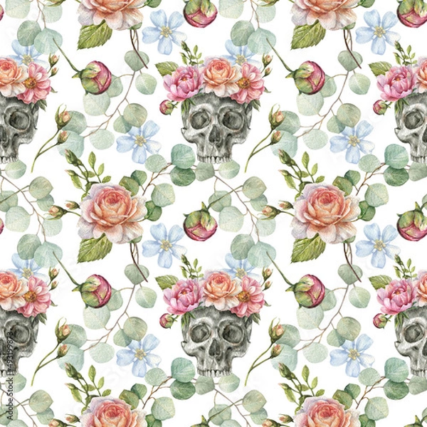 Obraz Watercolor seamless pattern with illustration of a human skull with flowers of roses, peony, eucalyptus