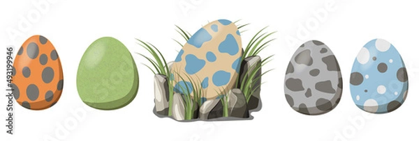 Fototapeta Cartoon Dinosaur eggs. Collection constructor Nest of dinosaurs with eggs and grass. Easy to assemble your own.