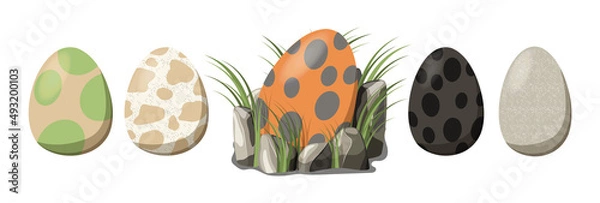 Fototapeta Set constructor Nest of dinosaurs with eggs and grass. Collection Dinosaur egg. Cartoon style. 