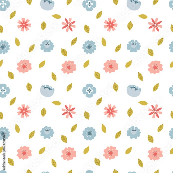 Fototapeta Seamless pattern with hand-drawn simple, spring, pink and blue flowers and leaves. A simple background for wrapping paper, home and children's textiles. Vector illustration on a white background.