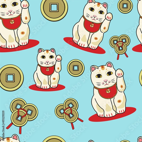 Fototapeta 招き猫 maneki-neko seamless pattern. Yansheng feng shui Chinese numismatic charm. Lucky cat with raised paw. Сhina souvenir vector art
