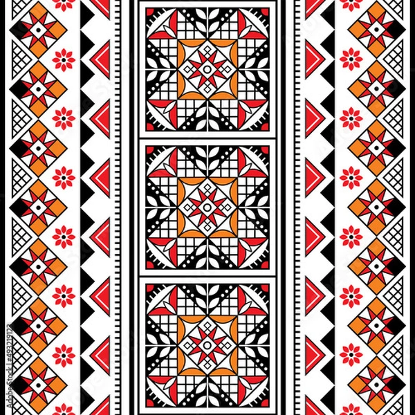 Fototapeta Ukrainian Easter egss style vector seamless folk art pattern vertical oriented - Hutsul geometric ornament in black, yellow and red
