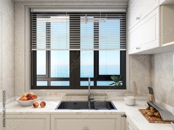 Fototapeta 3D rendering,Modern family kitchen design, new cabinets and kitchenware with refrigerators, sunlight from the window.