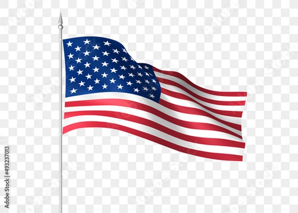 Obraz Flag of the United States waving in the wind. US flag on a metal flagpole. Wavy USA flag illustration. American flag isolated on transparent background