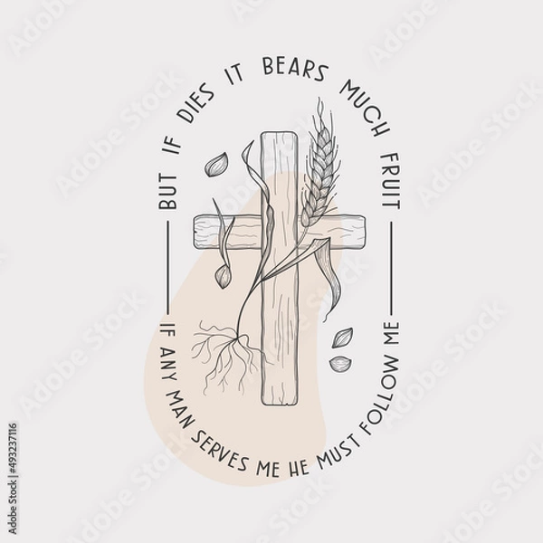 Obraz The grain of wheat bible verse vector line illustration with John 12:24-26 text. 