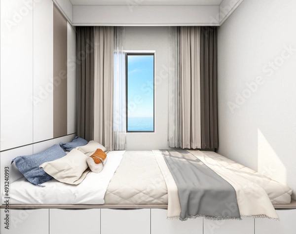 Obraz 3D rendering ,The elegant and spacious bedroom design of the modern apartment has a coat cabinet beside the big bed, as well as a bucket cabinet and green plants.