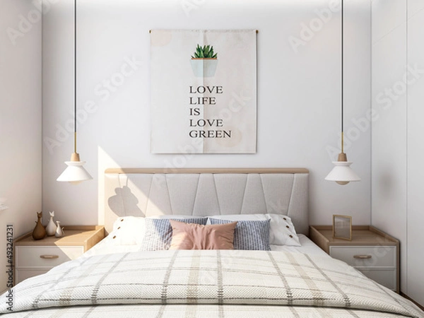 Fototapeta 3D rendering ,The elegant and spacious bedroom design of the modern apartment has a coat cabinet beside the big bed, as well as a bucket cabinet and green plants.